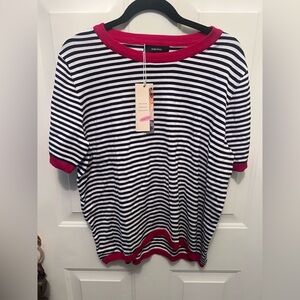 Chic Striped Short Sleeve Tee with Pink Accents